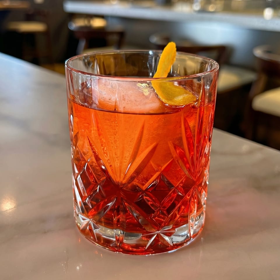A vibrant red cocktail in a cut glass, with a large ice cube and orange peel, on a bar.