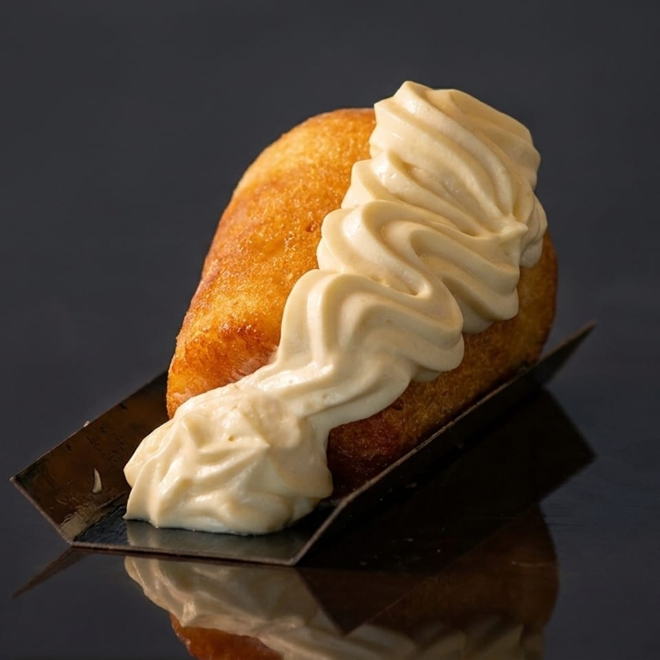 Golden-brown rum baba with a swirl of cream cheese frosting on a dark reflective surface.