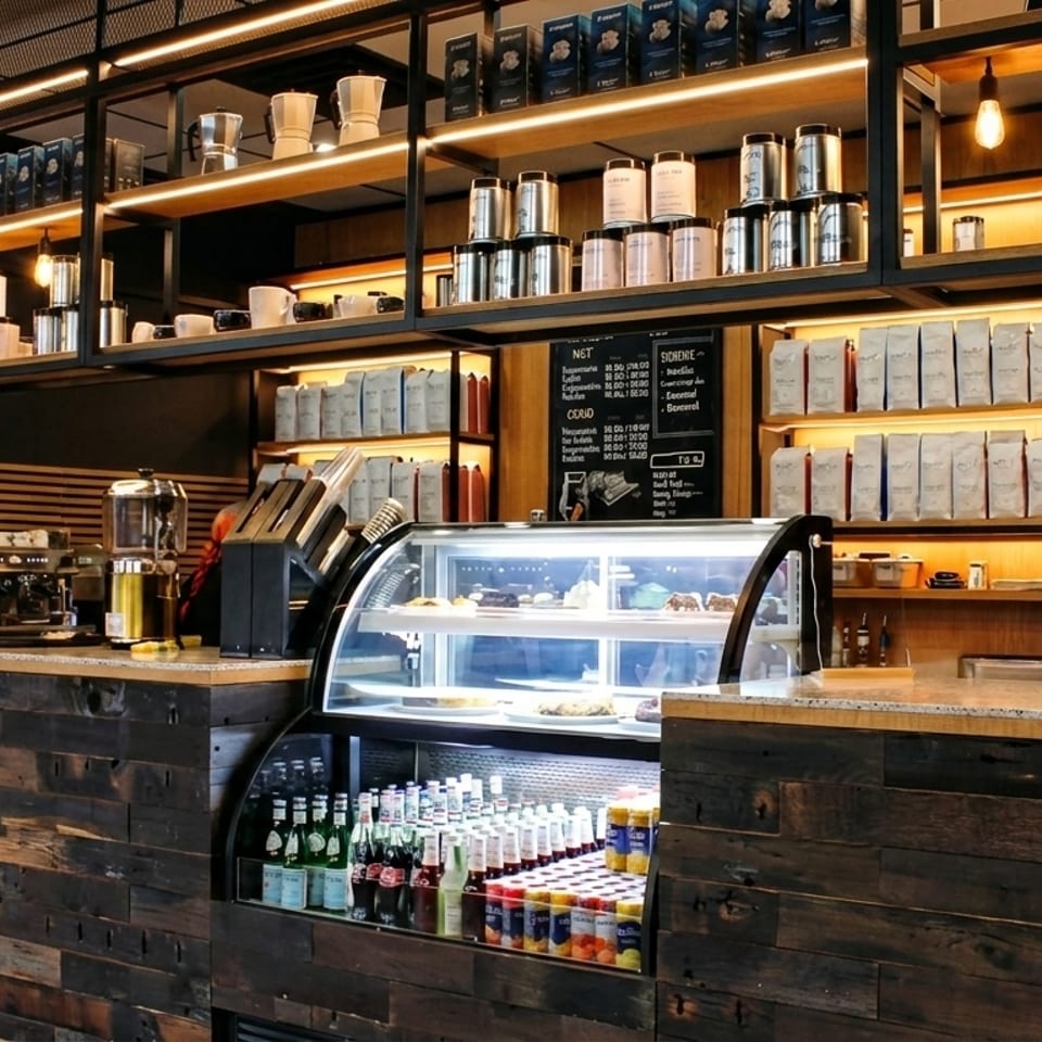 A coffee shop interior with a wooden counter, display case, and shelves filled with coffee products.