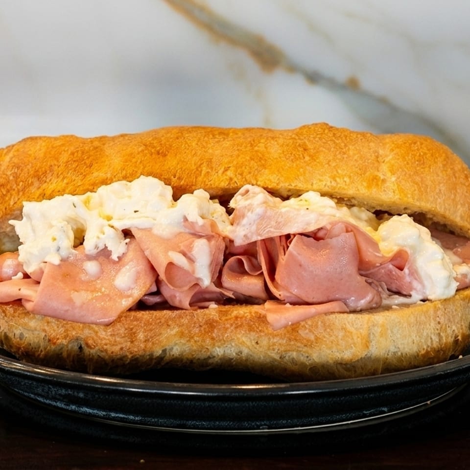 A large sandwich filled with mortadella and burrata cheese on a dark plate.