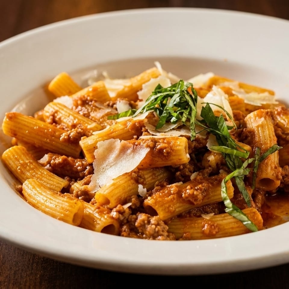 Rigatoni pasta with meat sauce, shaved parmesan, and fresh basil in a white bowl.