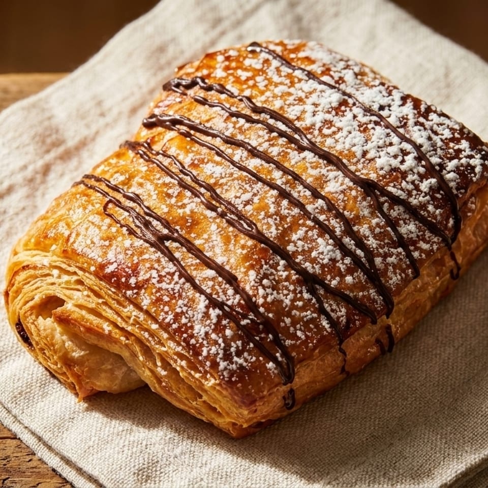 Golden-brown chocolate croissant with powdered sugar and chocolate drizzle on a linen napkin.