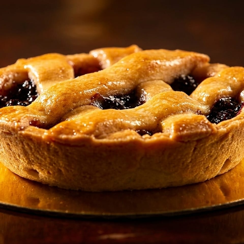 A golden-brown lattice-top fruit tart, filled with dark berries, sits on a gold coaster.