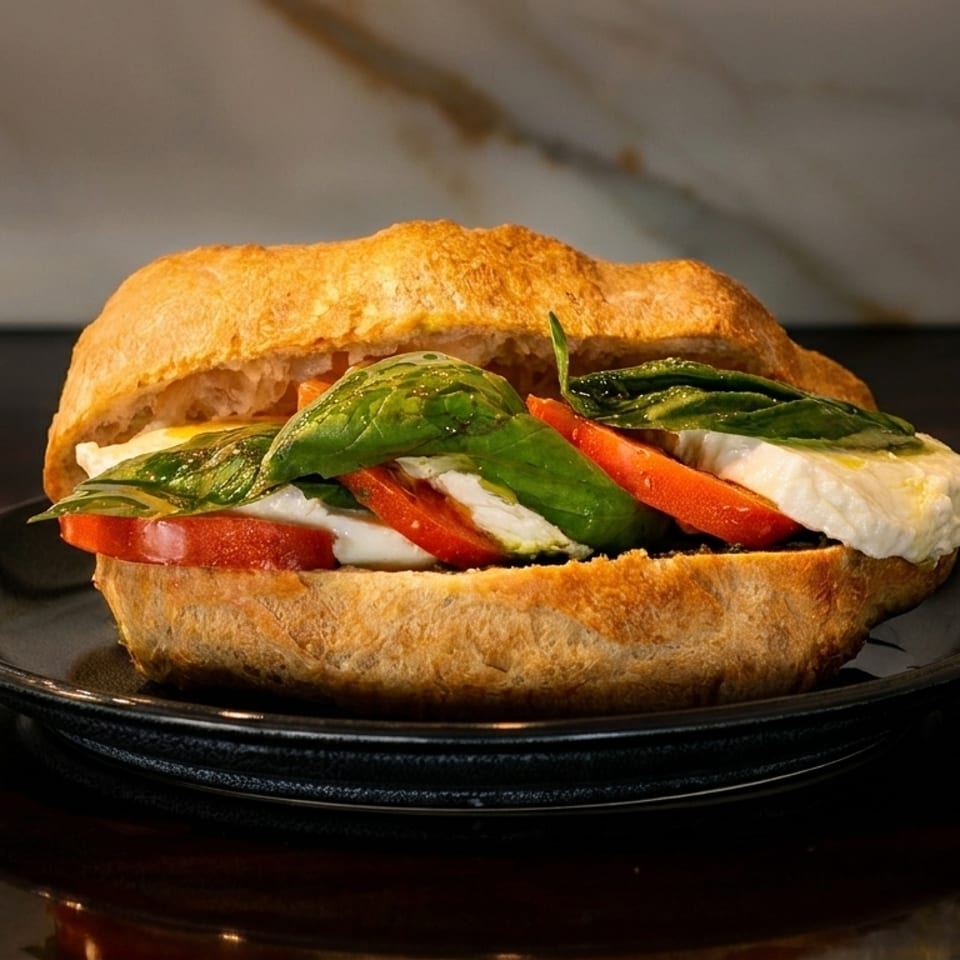 Caprese sandwich on a black plate, featuring fresh mozzarella, sliced tomatoes, and basil leaves.