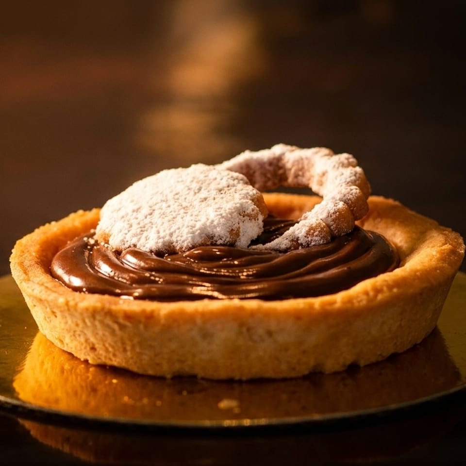 A chocolate tart with a powdered sugar cookie on top, on a golden plate.