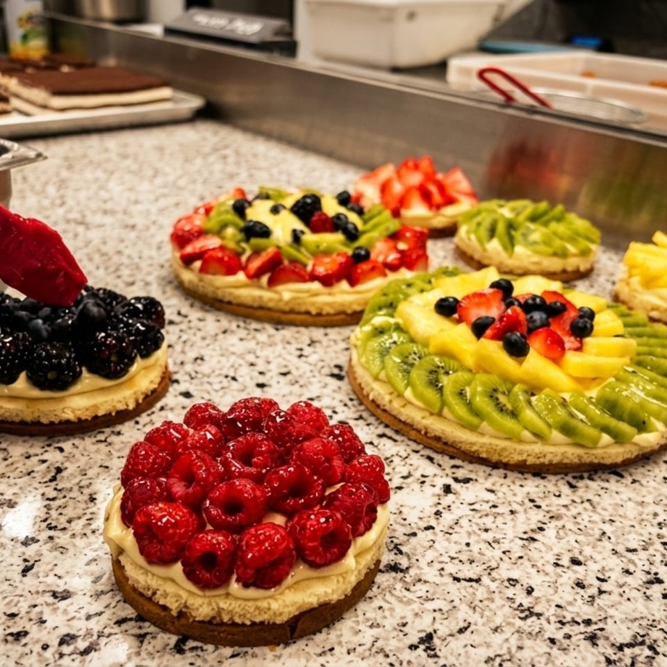 A chef garnishes a fruit tart with blueberries and blackberries on a granite countertop.